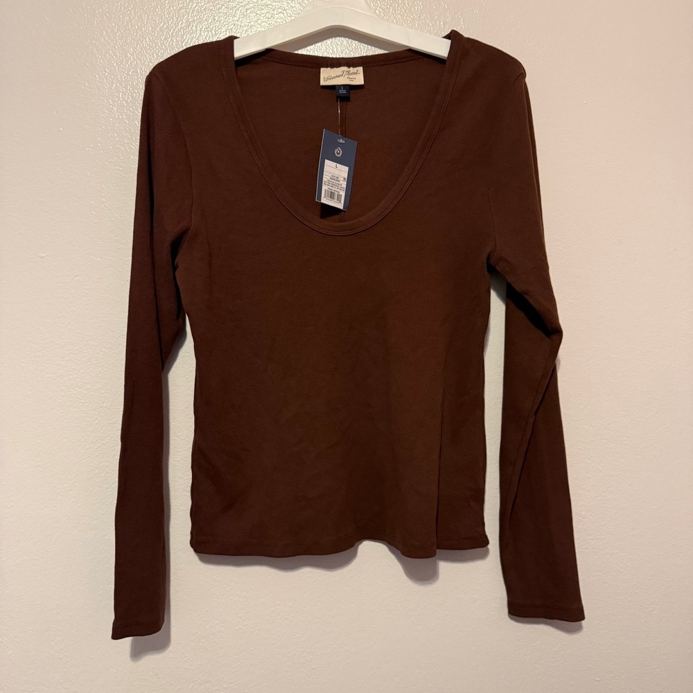 Universal Thread Womens Brown Ribbed Long Sleeve Scoop Neck Top Large NWT